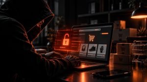Persona in cappuccio al computer, con un lucchetto, rappresenta l'immagine archetipica di un hacker.