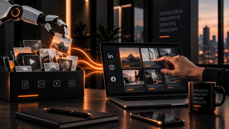 Persona al computer che si fa aiutare dall'intelligenza artificiale per la creazione di contenuti