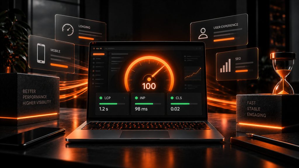 Computer con ai lati la rappresentazione di Core Web Vitals
