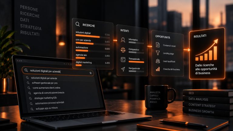 Computer con grafica che mostra come trasformare le ricerche in opportunità di business