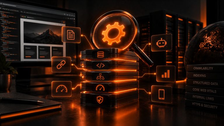 Ingranaggio che mostra gli elementi fondamentali per la SEO tecnica