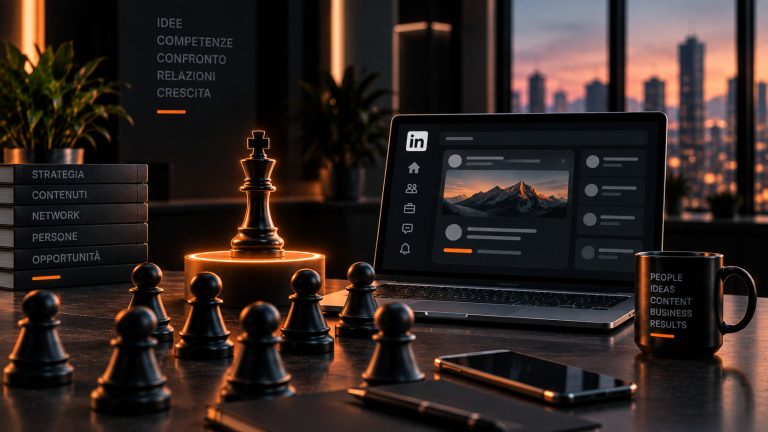 Un computer portatile con un profilo LinkedIn sullo schermo con accanto degli scacchi